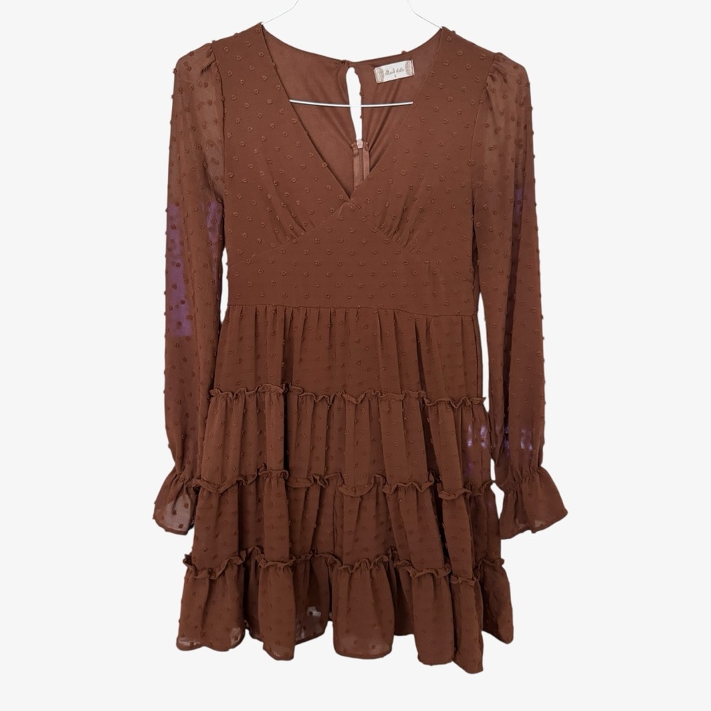Altar’d State Women’s Tiered V-Neck Mini Dress Sheer Long Sleeves, Brown Size S